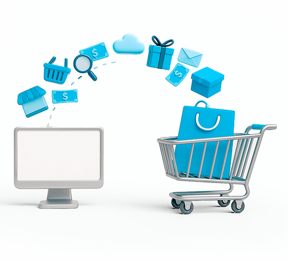 Imagem ilustrativa de um computador e uma carrinho de compras