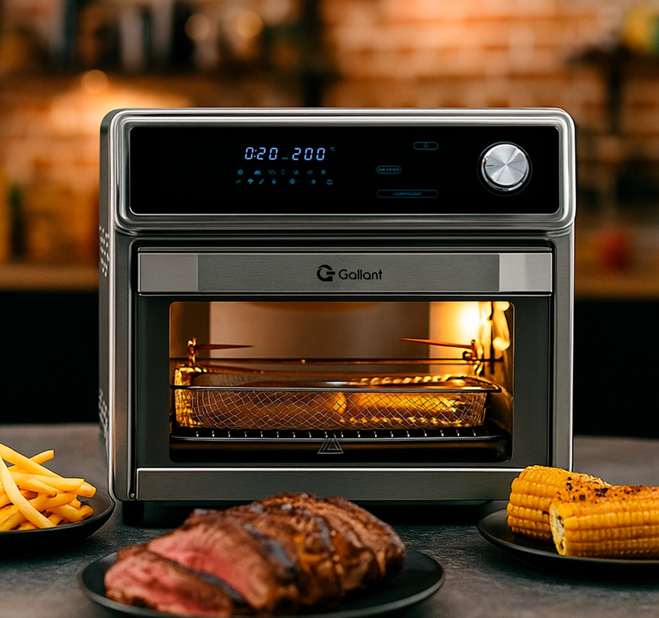 Imagem ilustrativa de forno digital Gallant com alimentos em sua volta