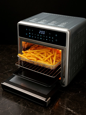 Imagem ilustrativa de um forno digital aberto com batatas fritas